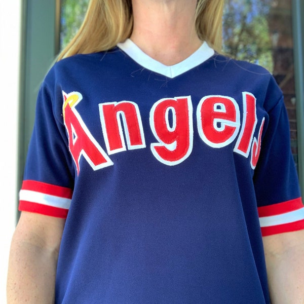 Vintage Anaheim Angels Baseball Jersey / 80s/ Patches Sewn Across Chest/ V-Neck / Ringer Sleeves / Size Large / Blue Red and White / Rare