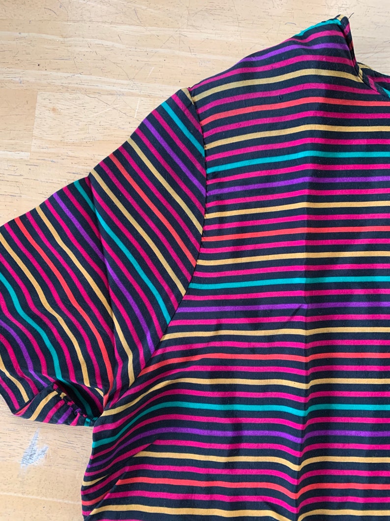 Crew Neck Vintage 1980s Rainbow Striped Blouse Size 10 Short Sleeve 80s Blouse | Shoulder Sleeve