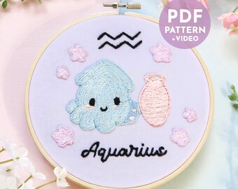 Aquarius Embroidery Pattern | Zodiac | Astrology | Aquarius Baby | Hand Embroidery Pattern | PDF Digital Download | Beginner
