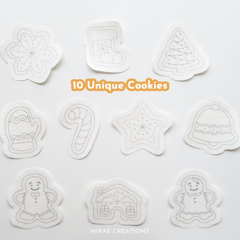 May include: Ten unique Christmas cookie designs drawn on white paper. The designs include a snowflake, stocking, Christmas tree, mitten, candy cane, star, bell, gingerbread person, and gingerbread house.