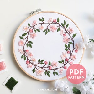 桜の花輪の刺繍パターンとステッチガイド | 花の刺繍 | 手刺繍パターン | PDF デジタルダウンロード | 初心者