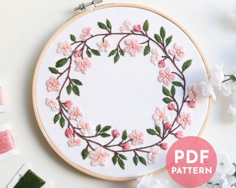 Cherry Blossom Wreath Embroidery Pattern and Stitch Guide | Floral Embroidery | Hand Embroidery Pattern | PDF Digital Download | Beginner