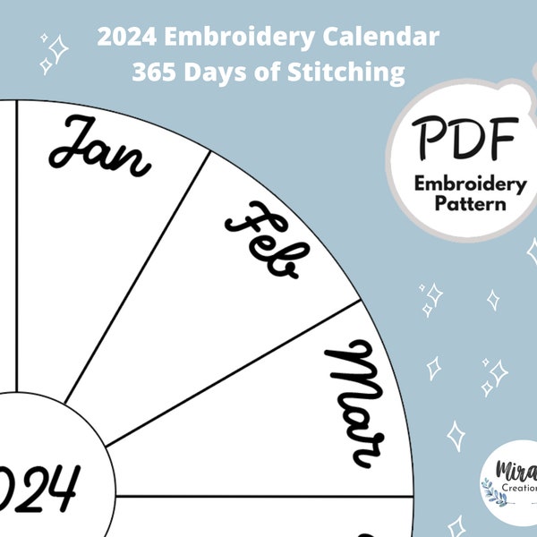 Modèle de calendrier de broderie 2024 | 365 jours de couture | Calendrier mensuel de broderie | Motif de broderie | Téléchargement numérique PDF