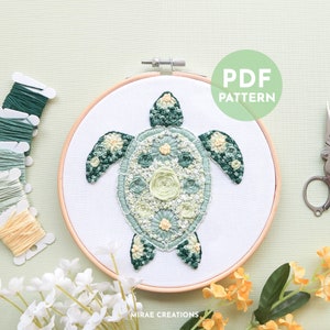 Floral Turtle Hand Embroidery Pattern and Stitch Guide | Sea Turtle Embroidery | Hand Embroidery Pattern | PDF Digital Download | Beginner