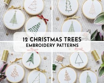 May include: Twelve different Christmas tree embroidery patterns in hoop frames. The patterns are all different styles of Christmas trees, with some featuring stars, hearts, and other embellishments.