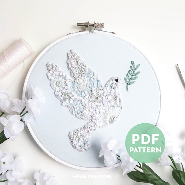 Floral Dove Embroidery Pattern and Stitch Guide | Peace Dove Embroidery | Hand Embroidery Pattern | PDF Digital Download | Beginner