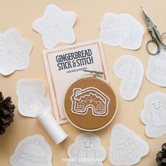 Set of 10 Gingerbread Cookie Stick and Stitch Embroidery Stickers | Embroidery Stickers | DIY Embroidery | Water Soluble Fabric Stickers