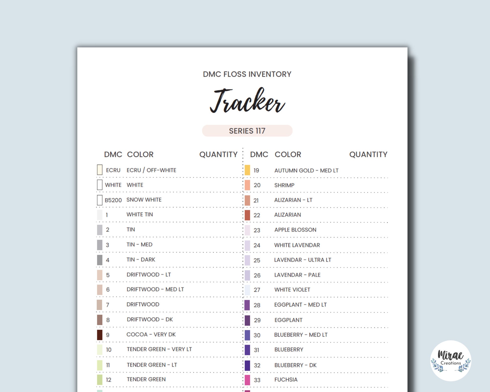 Printable DMC Thread Color Chart Tracker Inventory Sheet -  Sweden