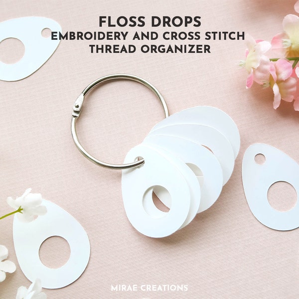 25 Floss Drops and 2” Metal Craft Ring | Embroidery Floss Bobbins | Floss Tags | Floss Bobbins | Cross Stitch Thread Organizer