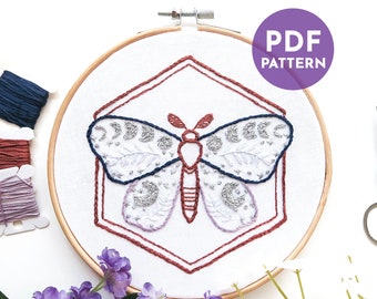 Lunar Moth Hand Embroidery Pattern and Stitch Guide | Witchy Embroidery | Hand Embroidery Pattern | PDF Digital Download | Beginner