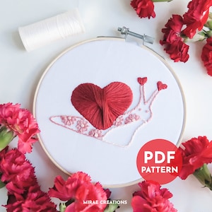 Valentine’s Day Snail Embroidery Pattern + Stitch Guide | Valentine Embroidery | Hand Embroidery Pattern | PDF Digital Download | Beginner