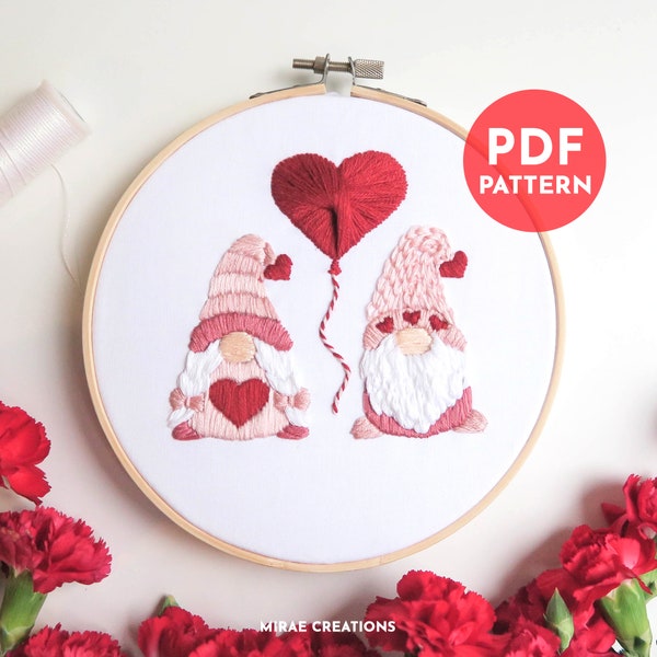 Valentine’s Gnomes Embroidery Pattern + Stitch Guide | Valentine Embroidery | Hand Embroidery Pattern | PDF Digital Download | Beginner