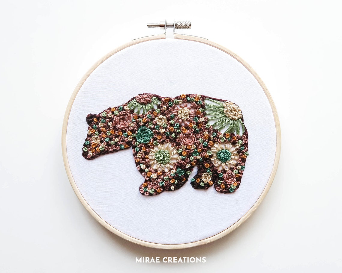 Floral Bear Hand Embroidery Pattern and Stitch Guide Etsy