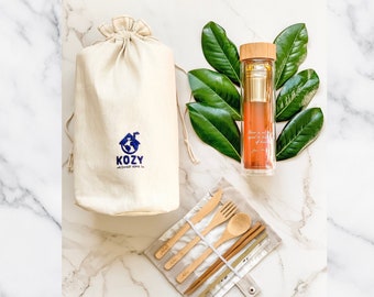 Gift Set for Any Occasion | Perfect Christmas Gift | Canvas Lunch Bag, Glass Tumbler & Wooden Cutlery Set | Sustainable Gift