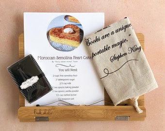 Recipe Stand Gift Set with Bookmark, Bag & 3 Recipes | Gifts for Her | Unique Christmas Gift | Cookbook Stand