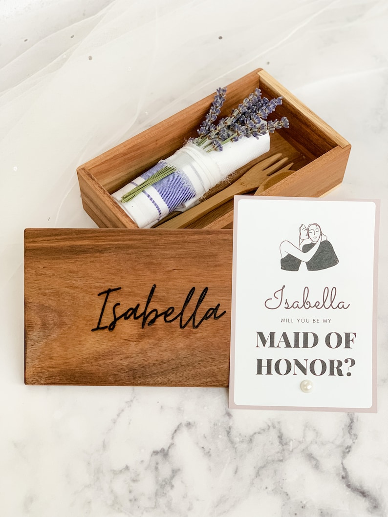 Personalized wooden bridesmaids proposal gift set including bamboo spoon and fork, cotton napkin, lavender bunch, free bridesmaid proposal card