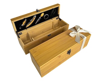 Boîte à vin en bois de qualité supérieure | Ensemble d'outils pour le vin 5 pièces avec boîte | Cadeau de pendaison de crémaillère | Cadeau de mariage pour couple | Cadeau pour elle | Cadeau pour lui