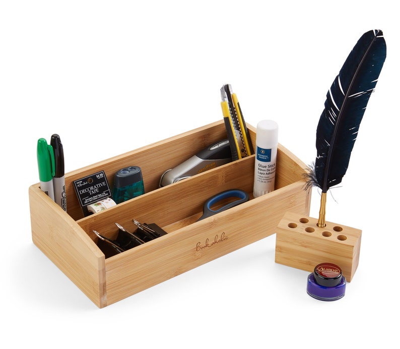 2 Tier Bamboo Desk Organizer For Office Supplies Toiletries Crafts Bonus Pen Holder