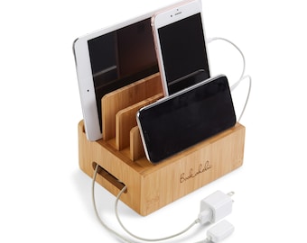 Handgemachte Ladestation | Muttertagsgeschenk | Schreibtisch-Organizer aus Holz | Kompatibel mit Smartphones iPhone iPad und Tablets