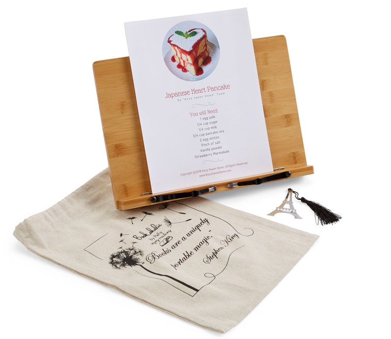 Personalized wooden recipe holder or customized cookbook holder for cookbooks and family recipes. Cookbook stand gift bundle that comes with a drawstring bag and a bookmark.