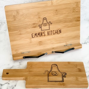 Personalized wooden recipe holder or customized cookbook holder for cookbooks and family recipes. Cookbook stand gift bundle that comes with a drawstring bag and a bookmark.