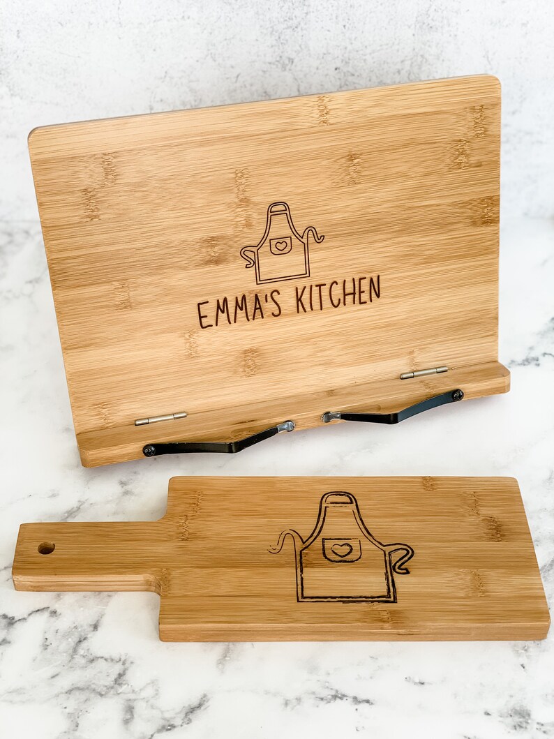 Personalized wooden recipe holder or customized cookbook holder for cookbooks and family recipes. Cookbook stand gift bundle that comes with a drawstring bag and a bookmark.