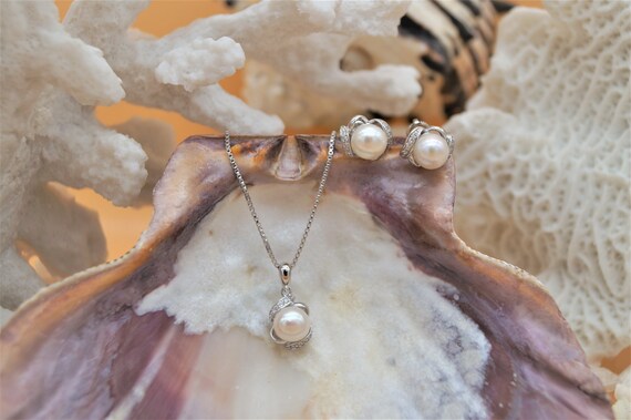 Pearl Necklace Earrings for Women Freshwater AAA 6mm 925 Silver Rhodium Handmade Europe Original 29039.1