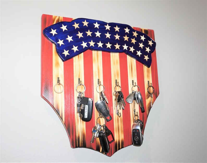 Handmade Wooden American Flag Rustic Key Holder 10 Hooks Size 18” X 17 ...