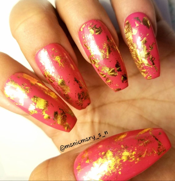 Pink & Gold Foil Coffin Nails 