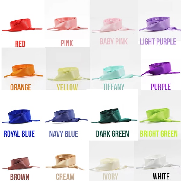 Satin Ribbon Premium Quality Shoelaces, 18 different colors: baby pink, bardo, dark blue, grey, purple. 31 inches, 39 inches, 47 inches
