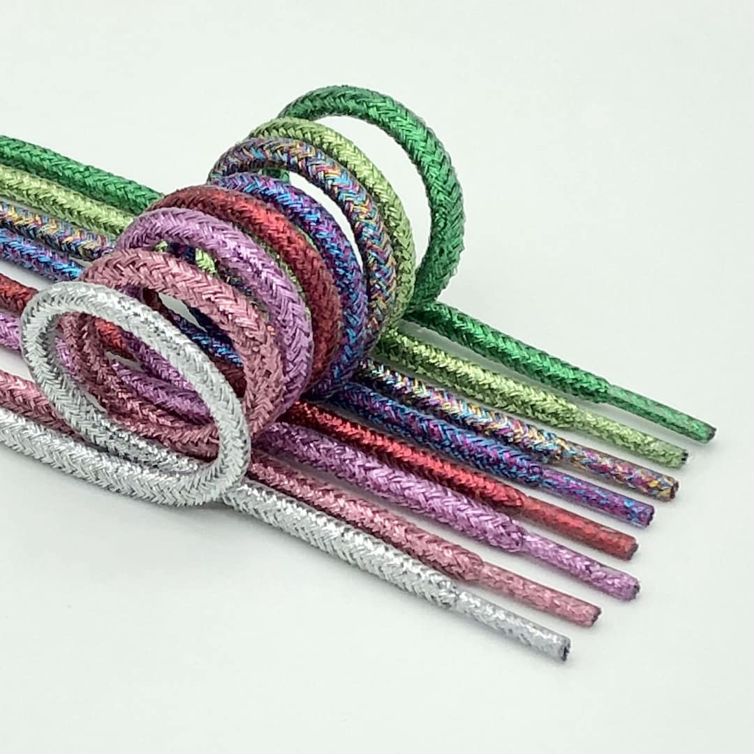 THIN ROUND Metallic, Sparkling, Shiny Shoe Laces Blue, Pink, White