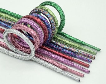 THIN ROUND metallic, sparkling, shiny shoe laces | blue, pink, white, silver, gold