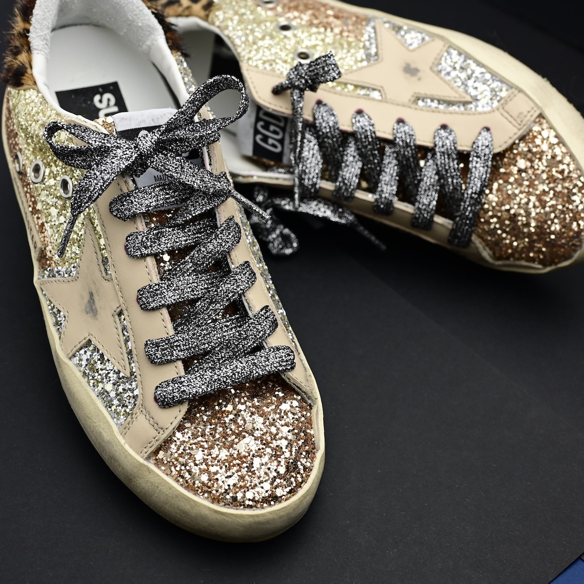 Black Silver Shoelaces for Golden Goose Sneakers Metallic Etsy