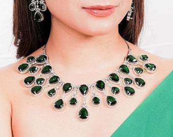 Emerald Green Diamond Sabyasachi Jewelry Set India Emerald Wedding Necklace Green American Diamond Jewelry Set Silver Faux Diamond CZ