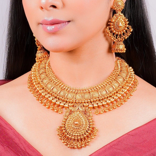 India Necklace Temple Jewelry Choker Necklace India Bridal Jewelry South India Jewelry Temple Necklace Pakistani Necklace India Wedding Set