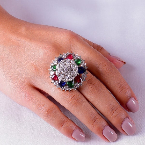 Navratan Ring Multicolor Stone American Diamond Ring Cocktail Ring India Diamond Jewelry Big Ring CZ Ruby Emerald Sapphire Ring Rainbow