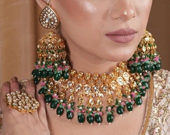 Green Kundan Necklace Sabyasachi Jewelry Set Designer Kundan Jewelry India Wedding Set Jadau Jewelry Uncut Kundan Choker Set