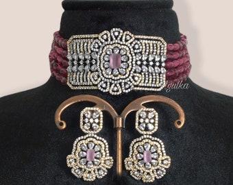 Beaded Choker CZ Diamond Ruby Pink Stone Victorian Necklace Ruby Necklace American Diamond Indian Statement Jewelry Gift