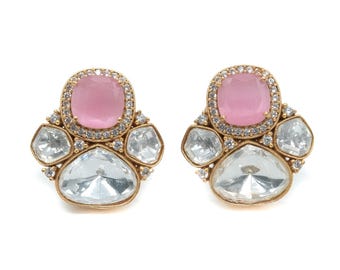 Pink Polki Kundan Earrings | Moissanite Diamond Look Jewelry | Sabyasachi Inspired | Indian Statement Earrings