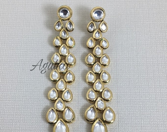 Long Polki Kundan Earrings | Sabyasachi Inspired Jewelry | Moissanite Diamond Earrings | Indian Bridal Statement Earrings