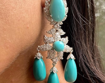 Turquoise Dangle Earrings CZ Diamond Indian Jewelry Designer Inspired Long Elegant Earrings Turquoise Gemstone Statement Jewelry