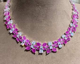 Ruby Pink Sapphire Necklace | India Statement Jewelry | CZ Moissanite Bridal Necklace Set Gift
