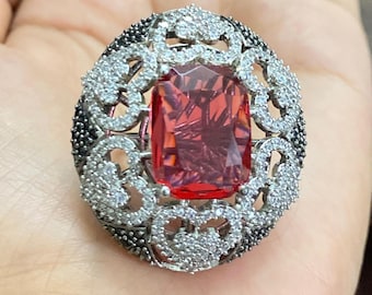 Ruby Cocktail Ring Red CZ Ring Large Stone Ring Victorian Jewelry Modern Ring Designer Jewelry Gift for Her