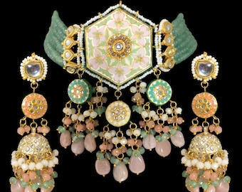 Mint Pink Kundan Choker | Polki Jewelry | Meenakari Necklace | Sabyasachi Inspired Bridal Set