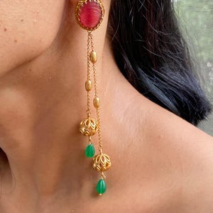 Smaragd Rubin Lange Statement Ohrringe | Antiker Gold indischer Schmuck | Braut Ohrringe | Designer Hochzeitsschmuck