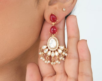Red Kundan Polki Earrings | Doublet Pearl Jewelry | Moissanite Diamond Earrings | Antique Gold Indian Statement Earrings