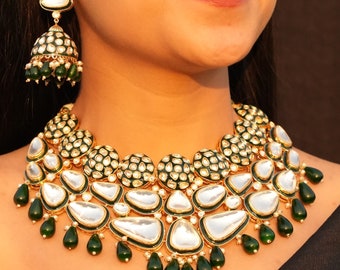 Kundan Necklace Emerald Polki Choker Set Indian Bridal Jewelry Wedding Necklace Moissanite Polki Jewelry Green Sabyasachi Inspired Jewelry