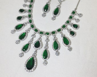 Emerald Necklace Sabyasachi Jewelry Set India Emerald Green American Diamond Necklace Statement Teardrop Necklace Pakistani Jewelry CZ Sets