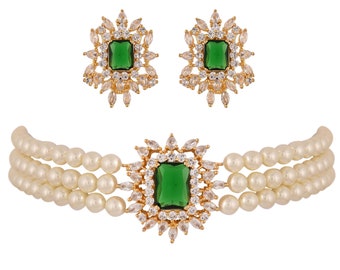 Gargantilla de perla esmeralda, moissanita verde, diamante americano, circonita cúbica india, conjunto de joyas de esmeralda verde, collar de perla y diamante.