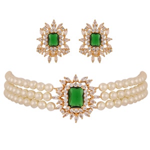 Pearl Choker Emerald Necklace Green Stone Cubic Zirconia Bridal Choker Indian Wedding Necklace Elegant Vintage Jewelry Sets